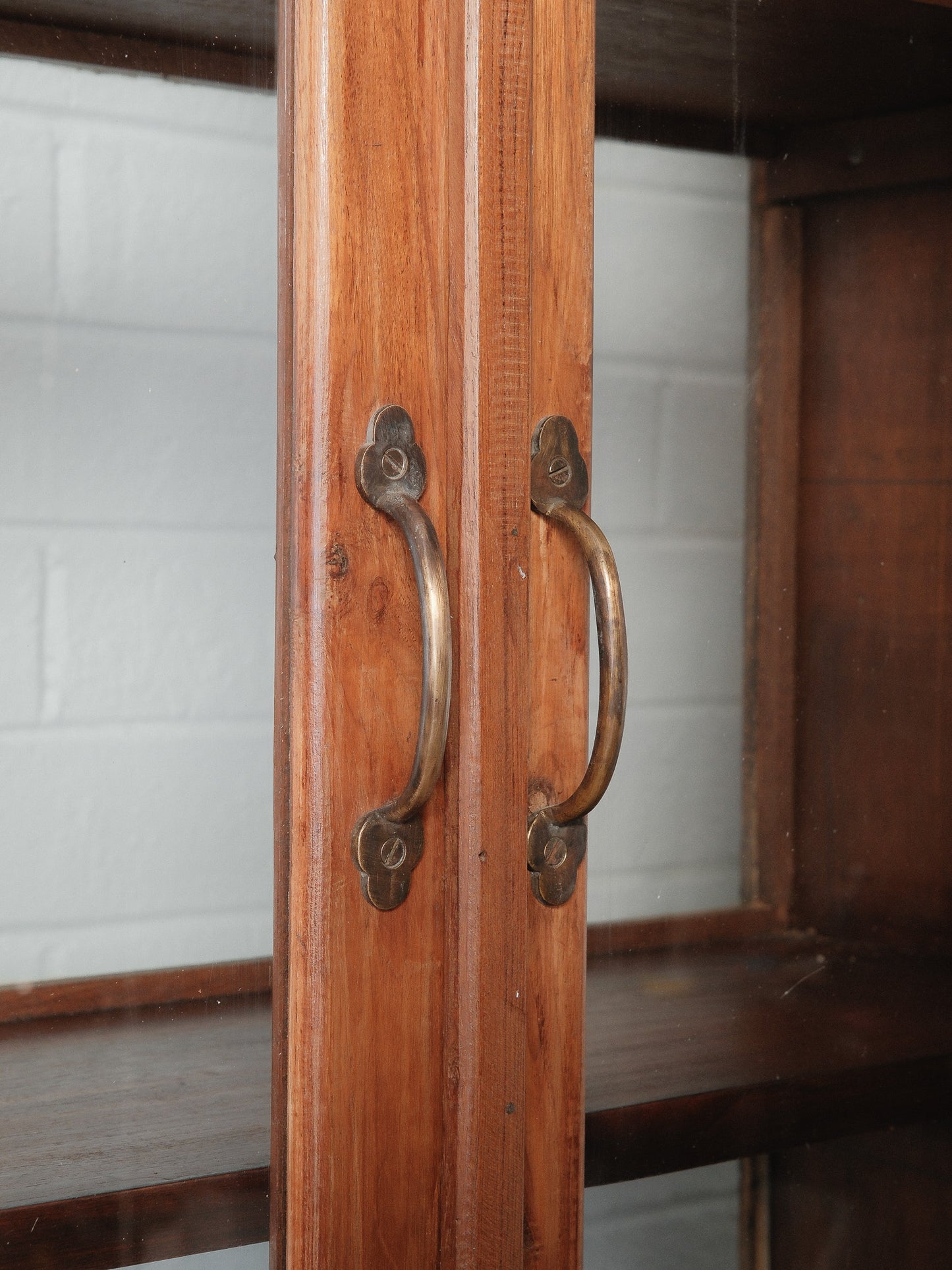 Rustic Teak Glass Front Display Cabinet with Four Double Door Sections