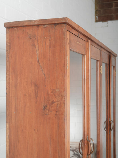 Rustic Teak Glass Front Display Cabinet with Four Double Door Sections