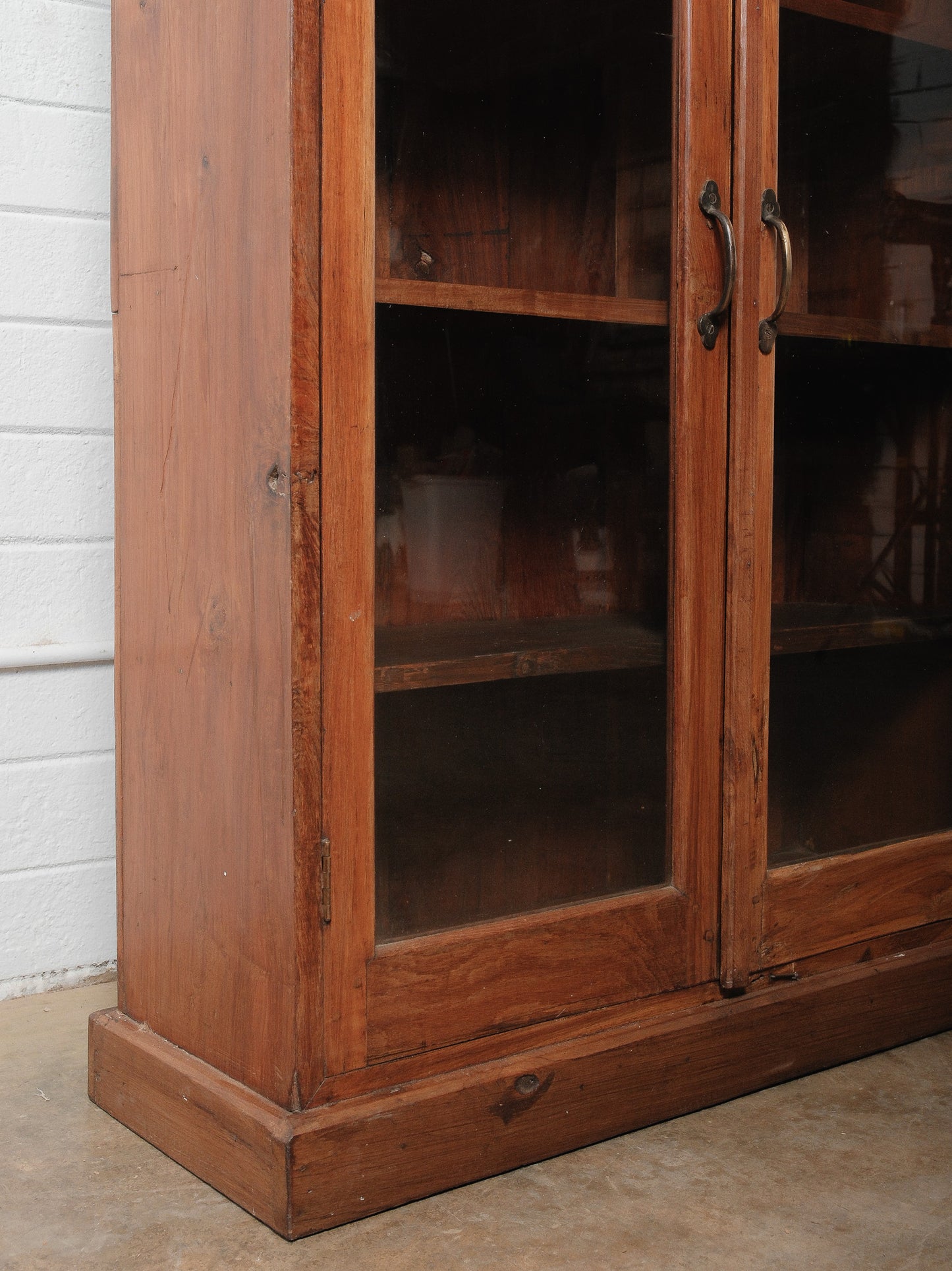 Rustic Teak Glass Front Display Cabinet with Four Double Door Sections