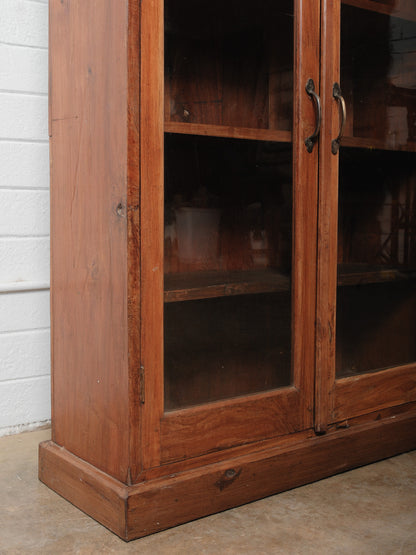 Rustic Teak Glass Front Display Cabinet with Four Double Door Sections