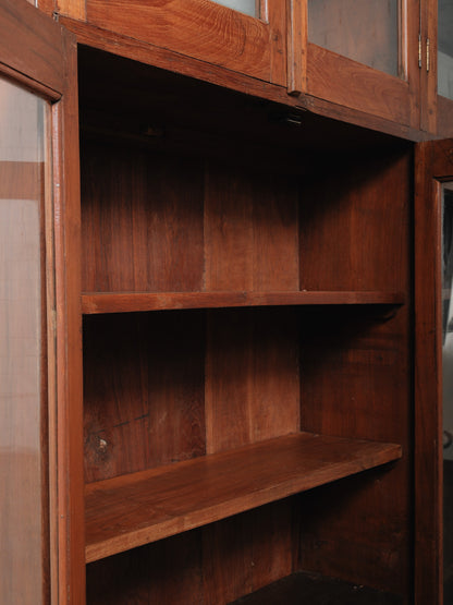 Rustic Teak Glass Front Display Cabinet with Four Double Door Sections