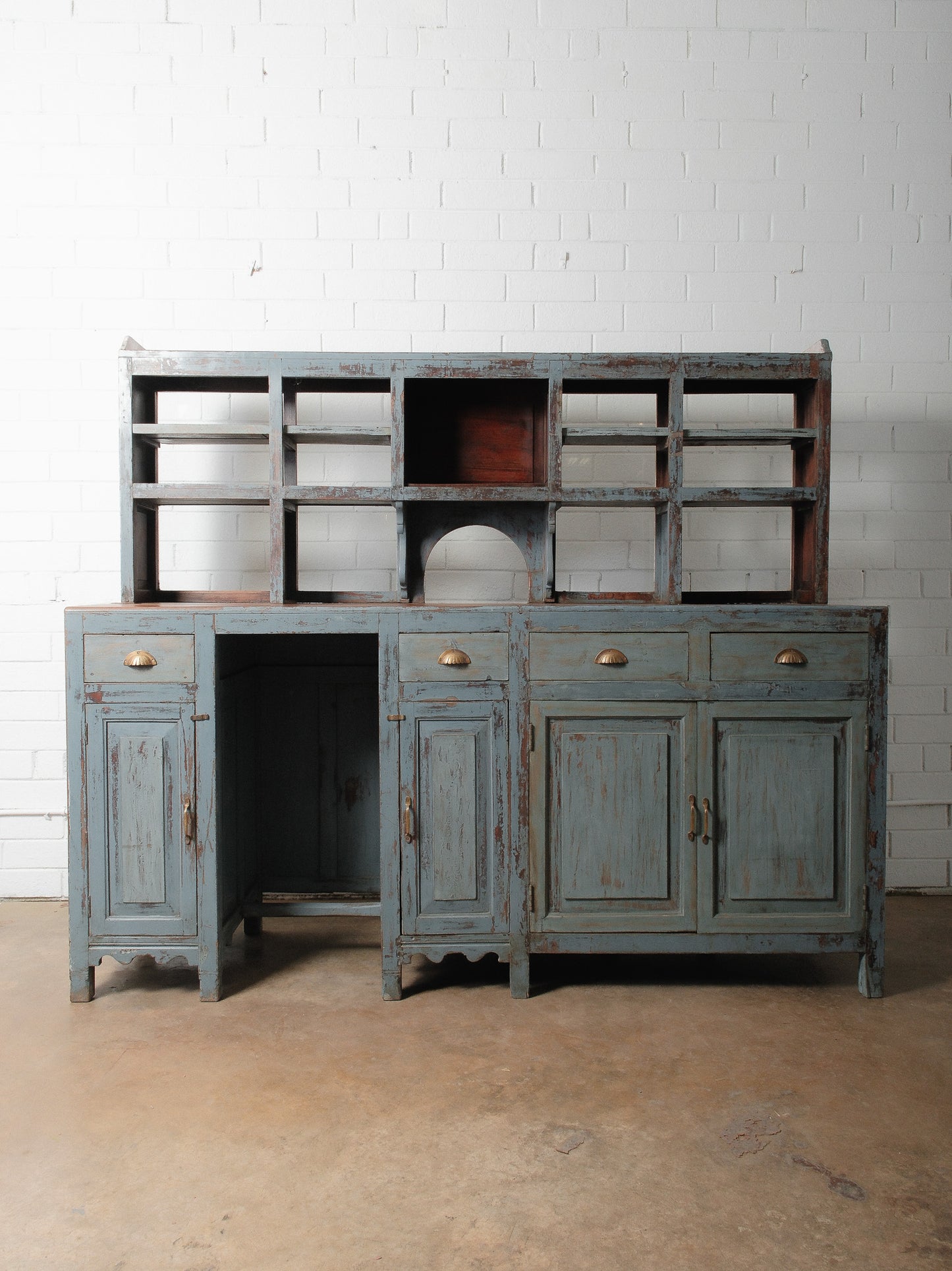 Distressed Blue Painted Wooden Counter with Hutch Display and Storage Cabinet