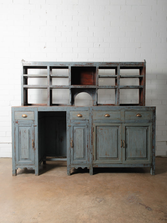 Distressed Blue Painted Wooden Counter with Hutch Display and Storage Cabinet