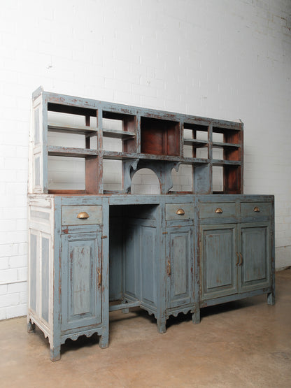 Distressed Blue Painted Wooden Counter with Hutch Display and Storage Cabinet