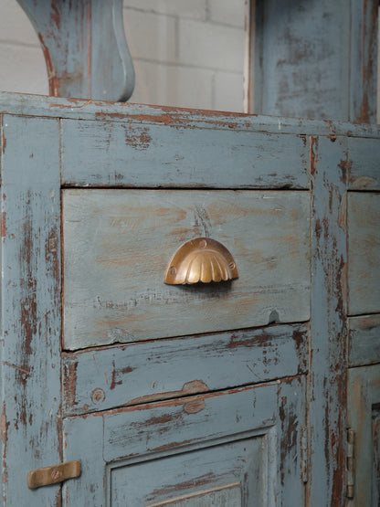 Distressed Blue Painted Wooden Counter with Hutch Display and Storage Cabinet