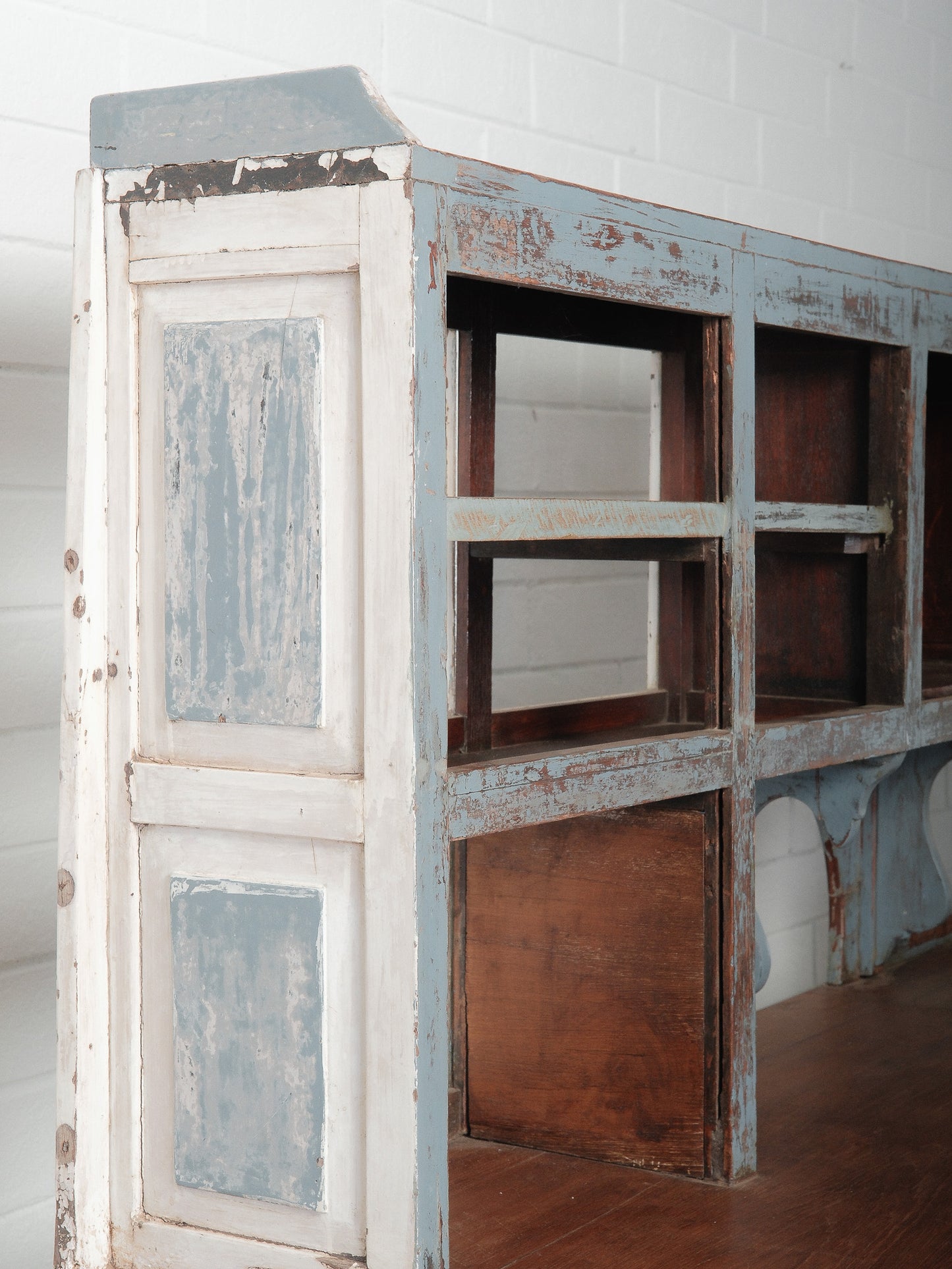 Distressed Blue Painted Wooden Counter with Hutch Display and Storage Cabinet