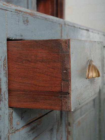 Distressed Blue Painted Wooden Counter with Hutch Display and Storage Cabinet