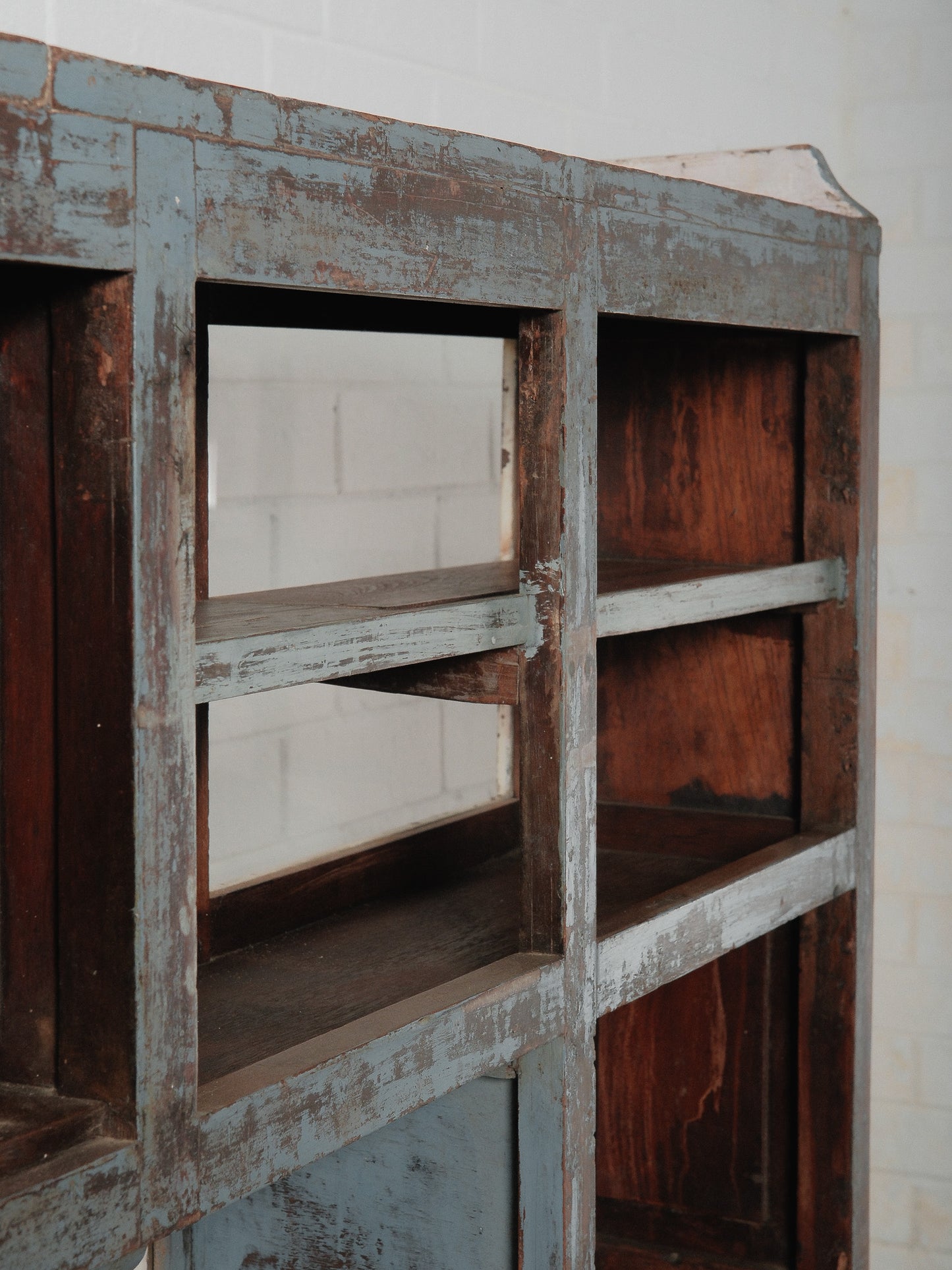 Distressed Blue Painted Wooden Counter with Hutch Display and Storage Cabinet
