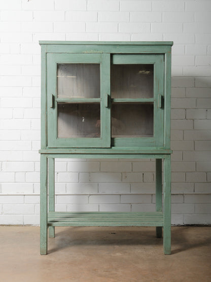 Rustic Mint-Green Wooden Glass Front Shelf Distressed Painted Display Cabinet
