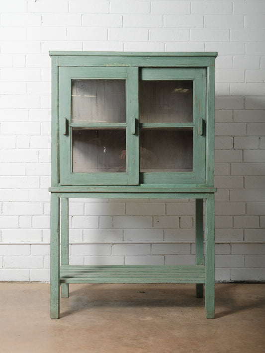Rustic Mint-Green Wooden Glass Front Shelf Distressed Painted Display Cabinet
