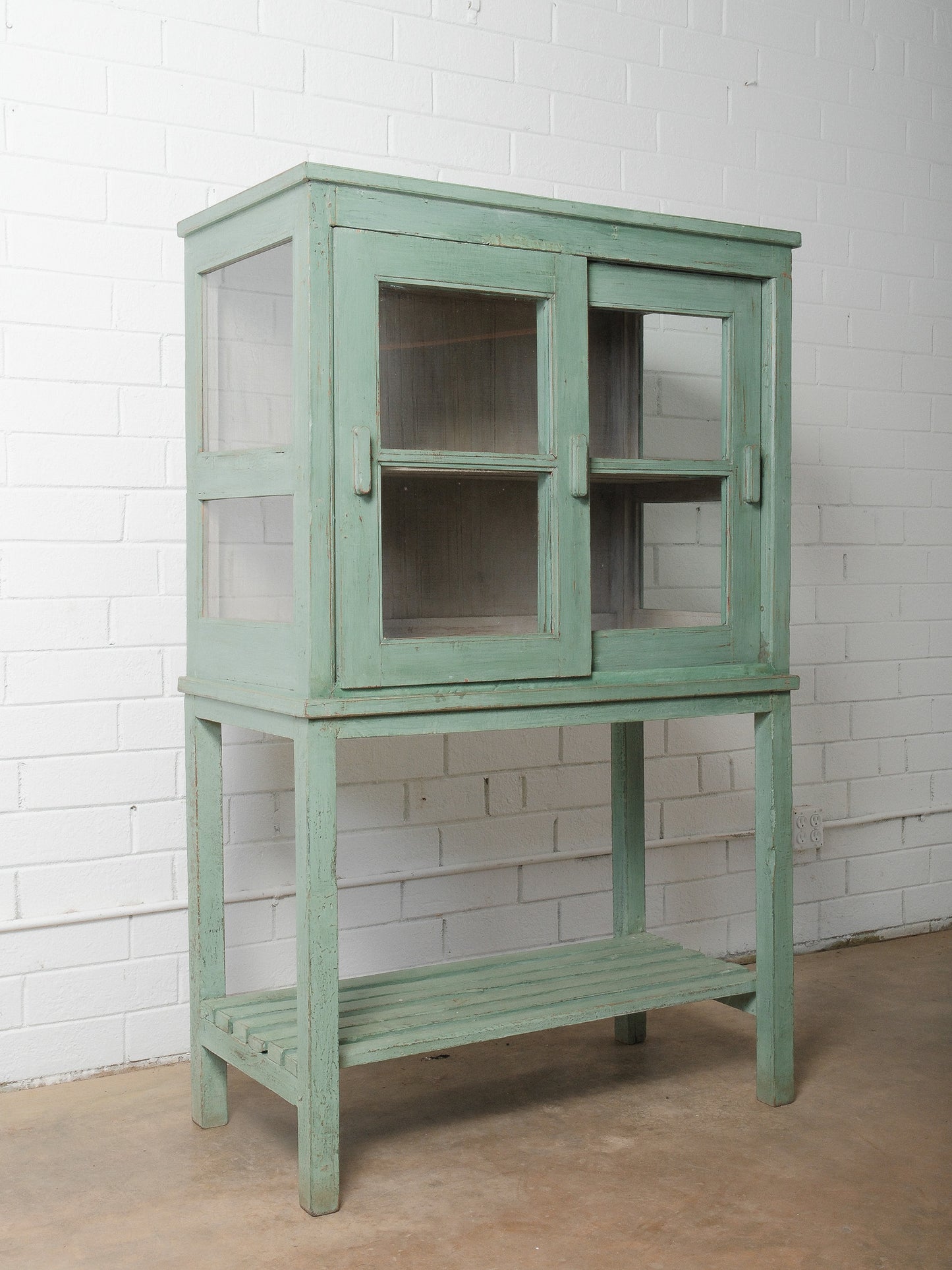 Rustic Mint-Green Wooden Glass Front Shelf Distressed Painted Display Cabinet