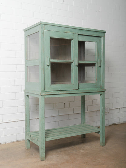 Rustic Mint-Green Wooden Glass Front Shelf Distressed Painted Display Cabinet