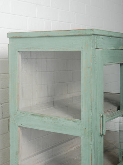 Rustic Mint-Green Wooden Glass Front Shelf Distressed Painted Display Cabinet