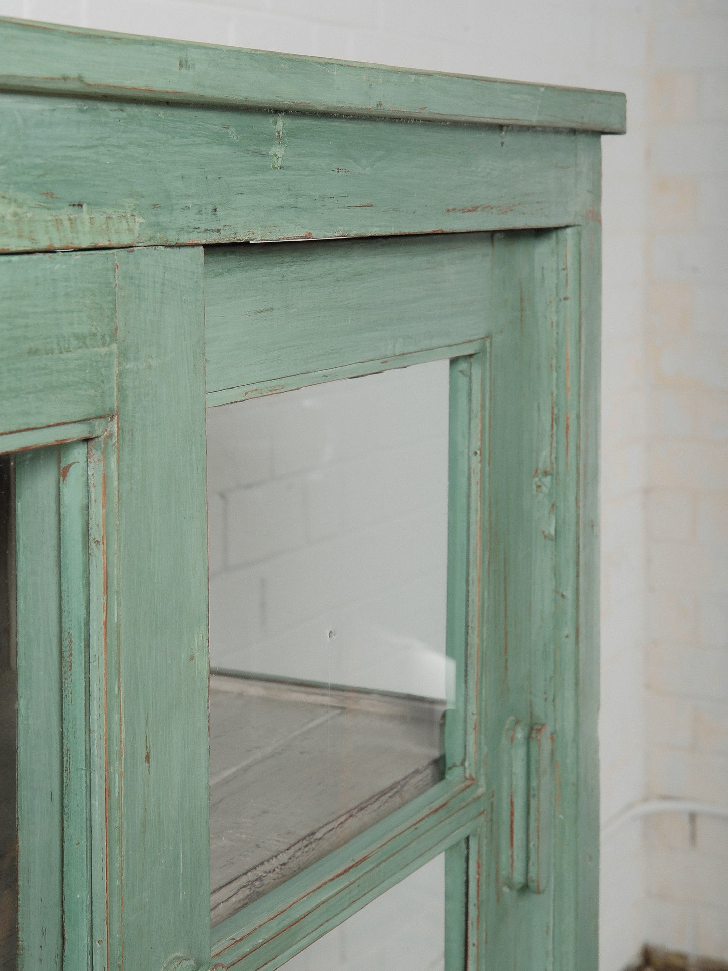 Rustic Mint-Green Wooden Glass Front Shelf Distressed Painted Display Cabinet