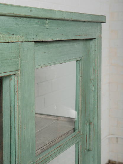 Rustic Mint-Green Wooden Glass Front Shelf Distressed Painted Display Cabinet