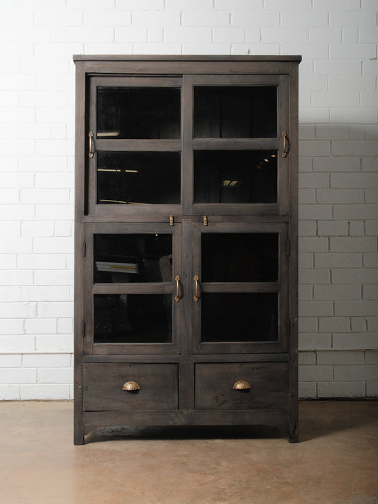Rustic Charcoal Wooden Glass Cabinet with Lower Drawers