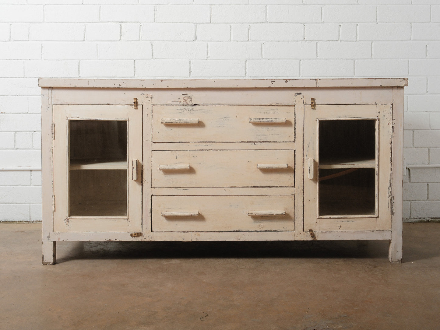 Rustic Cream Painted Wooden Sideboard with Glass Doors