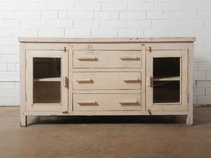 Rustic Cream Painted Wooden Sideboard with Glass Doors