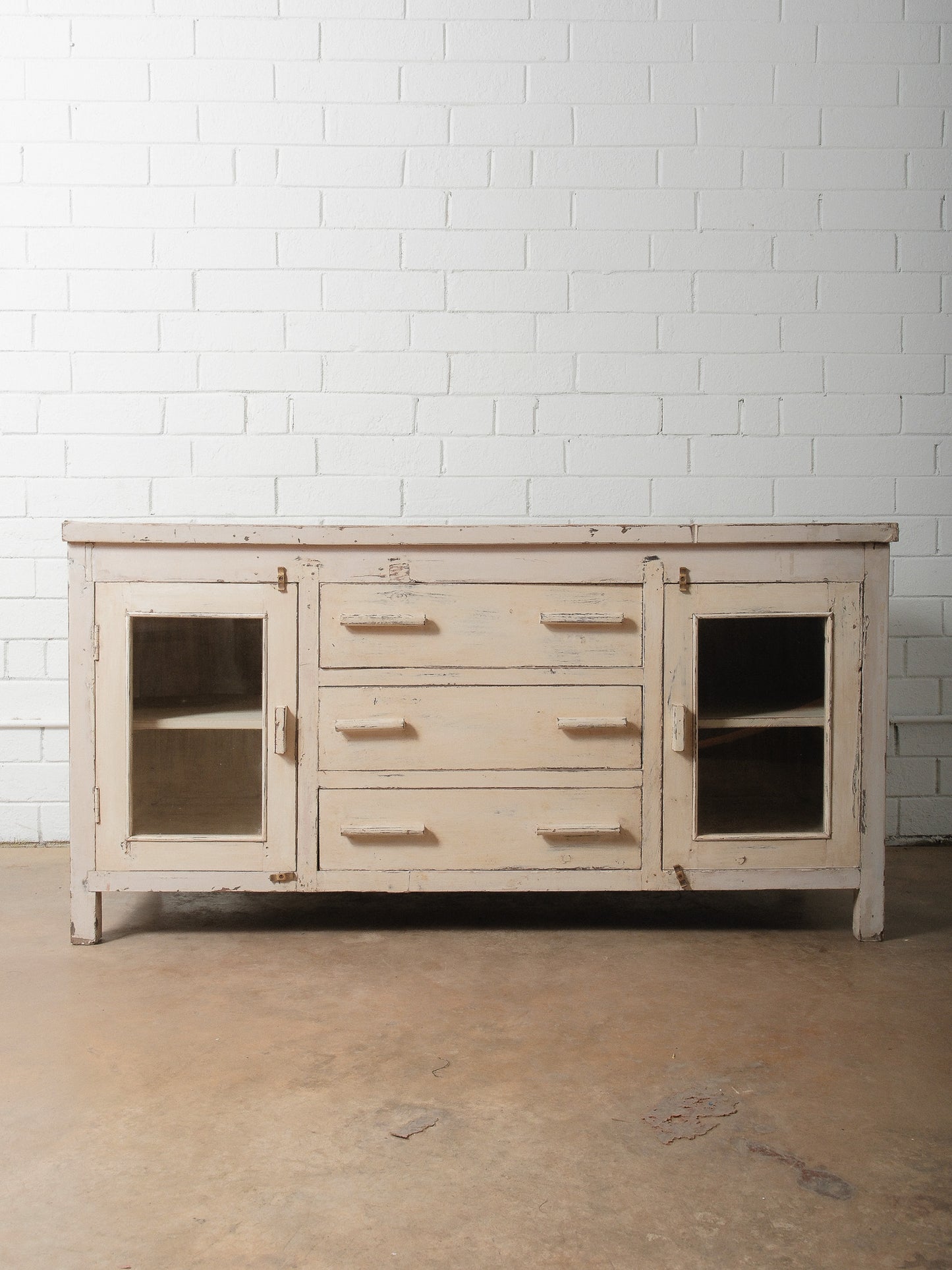 Rustic Cream Painted Wooden Sideboard with Glass Doors