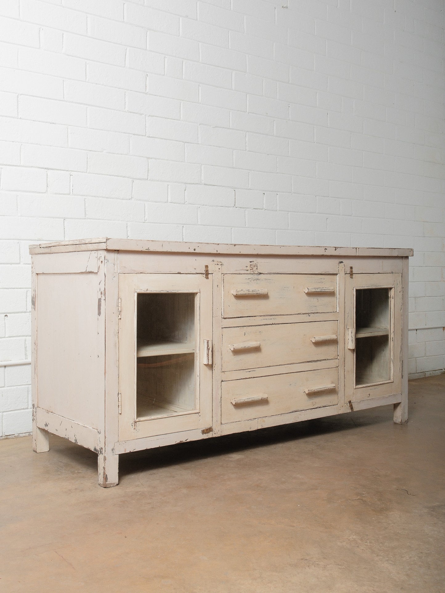 Rustic Cream Painted Wooden Sideboard with Glass Doors