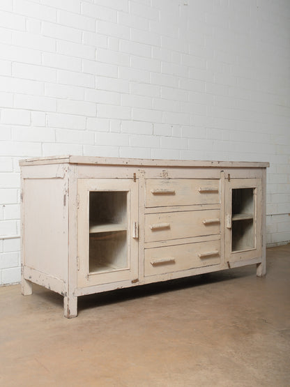Rustic Cream Painted Wooden Sideboard with Glass Doors