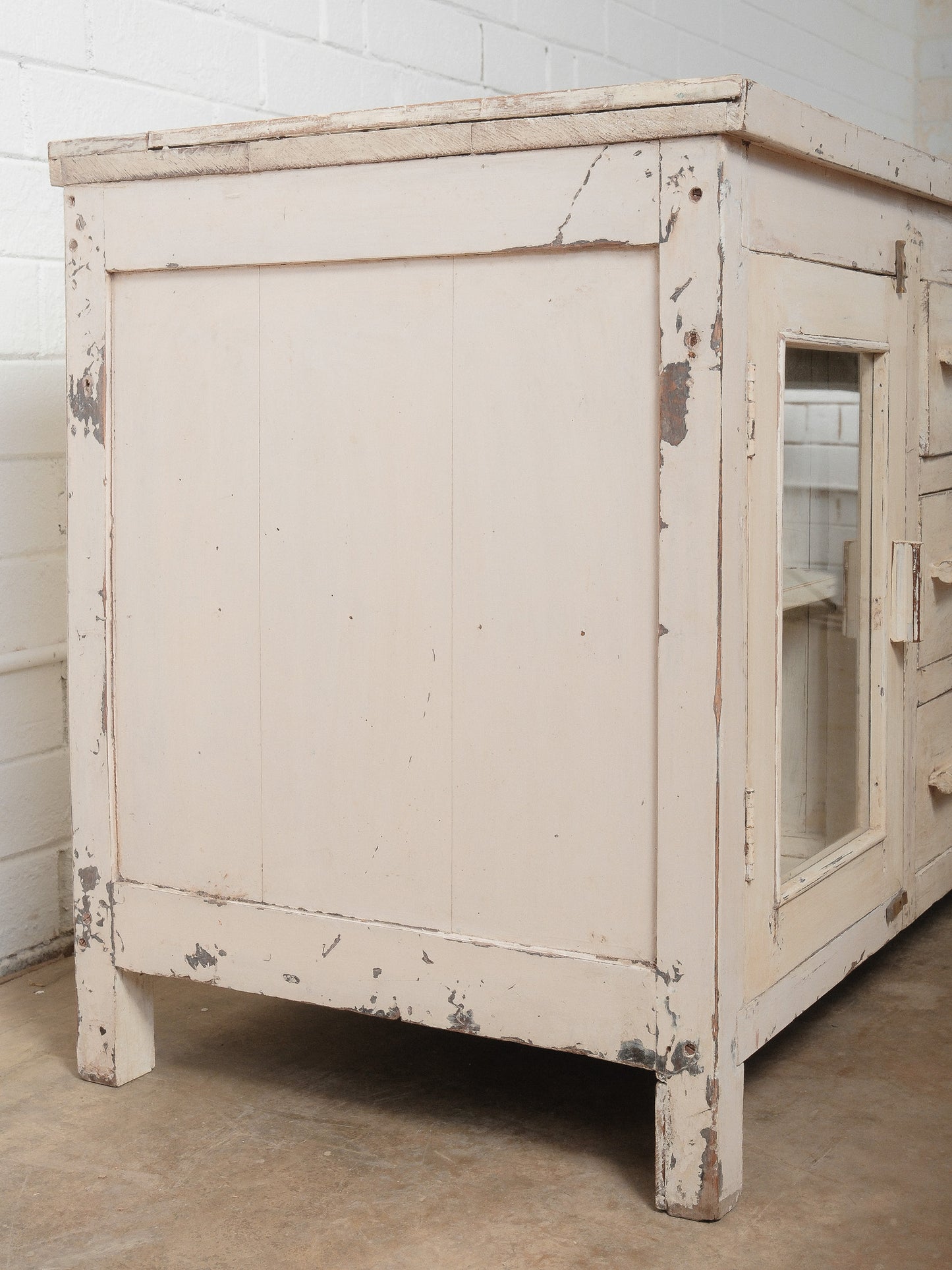 Rustic Cream Painted Wooden Sideboard with Glass Doors