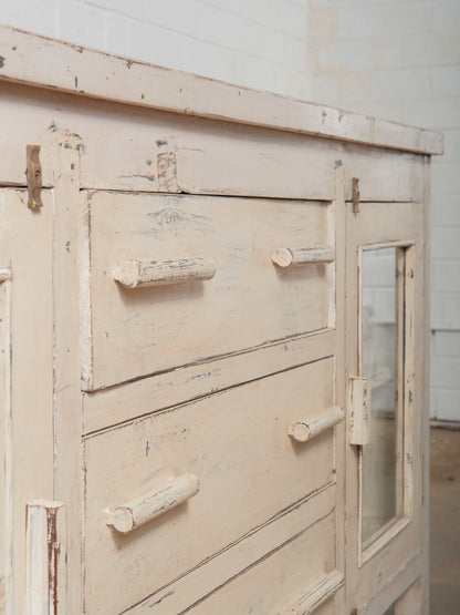 Rustic Cream Painted Wooden Sideboard with Glass Doors