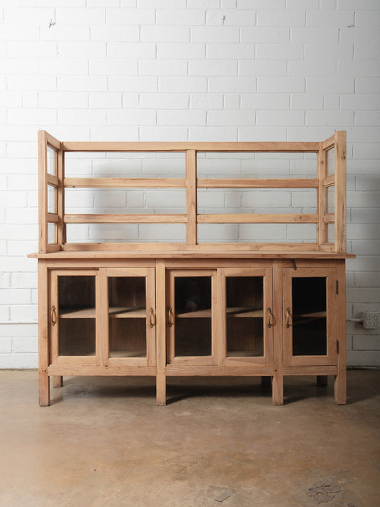 Rustic Bleached Wooden Counter Cabinet with Partial Glass Encasement