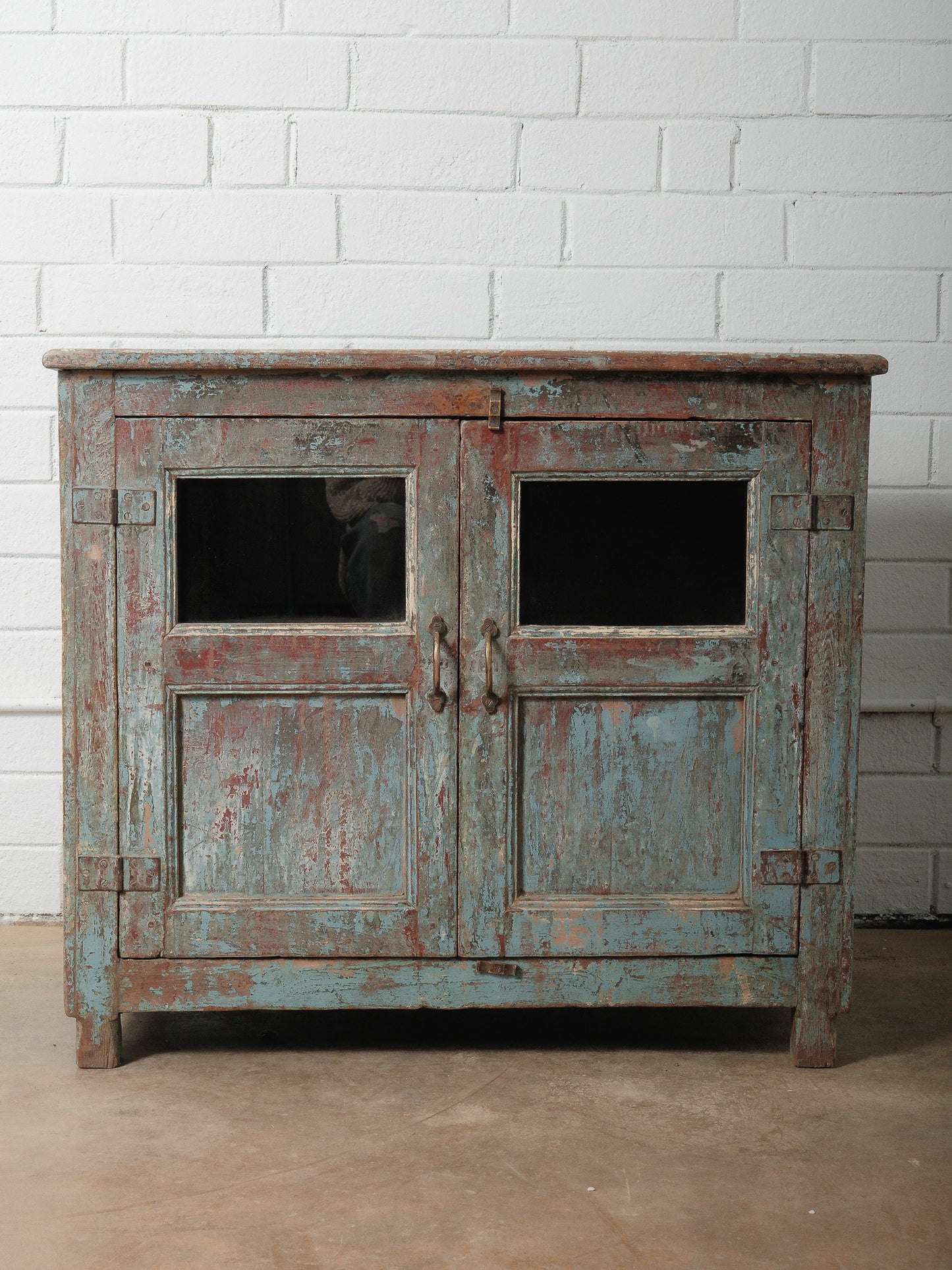 Rustic Glass-Front Distressed Teal and Red Painted Sideboard Storage Cabinet