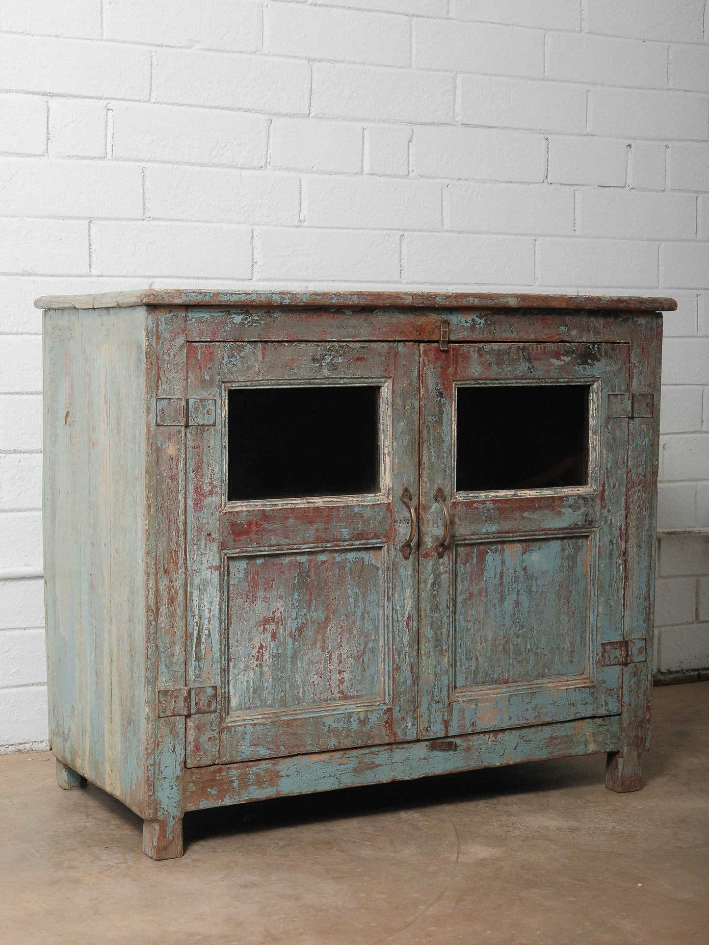 Rustic Glass-Front Distressed Teal and Red Painted Sideboard Storage Cabinet