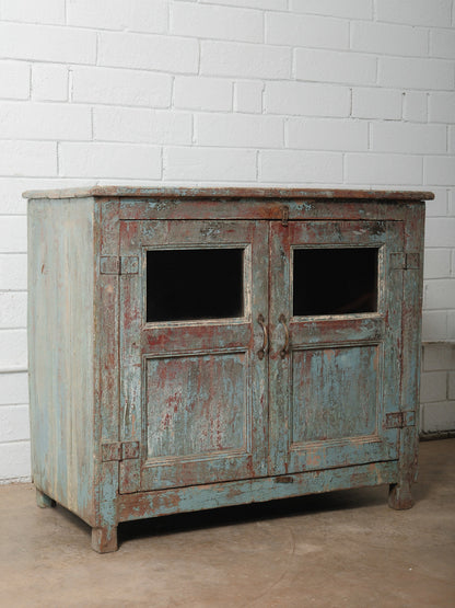 Rustic Glass-Front Distressed Teal and Red Painted Sideboard Storage Cabinet