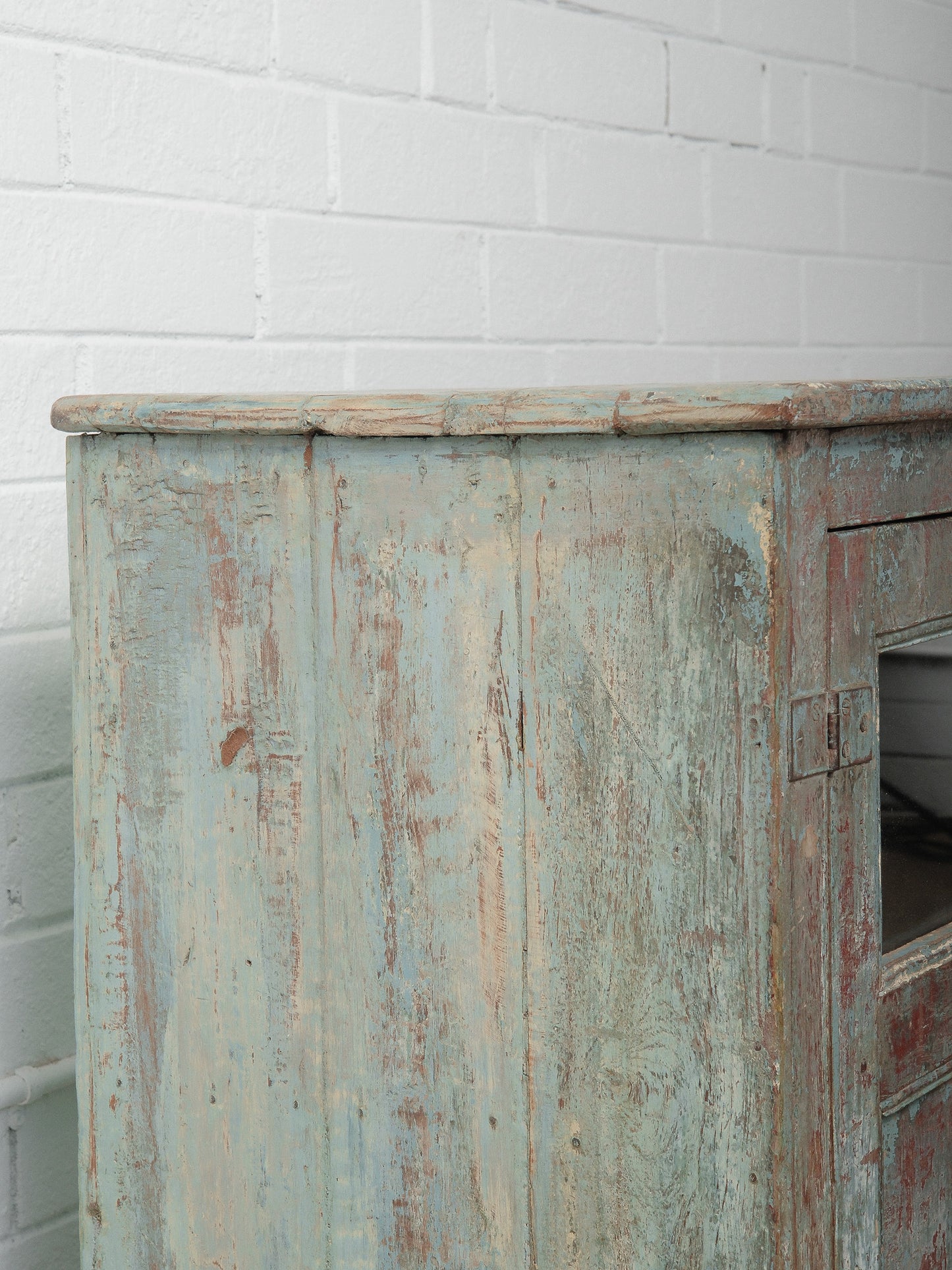Rustic Glass-Front Distressed Teal and Red Painted Sideboard Storage Cabinet
