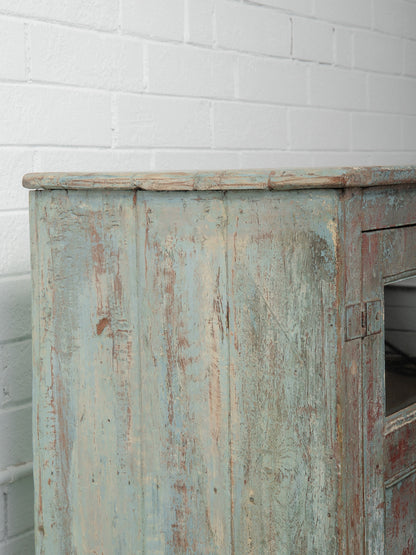 Rustic Glass-Front Distressed Teal and Red Painted Sideboard Storage Cabinet