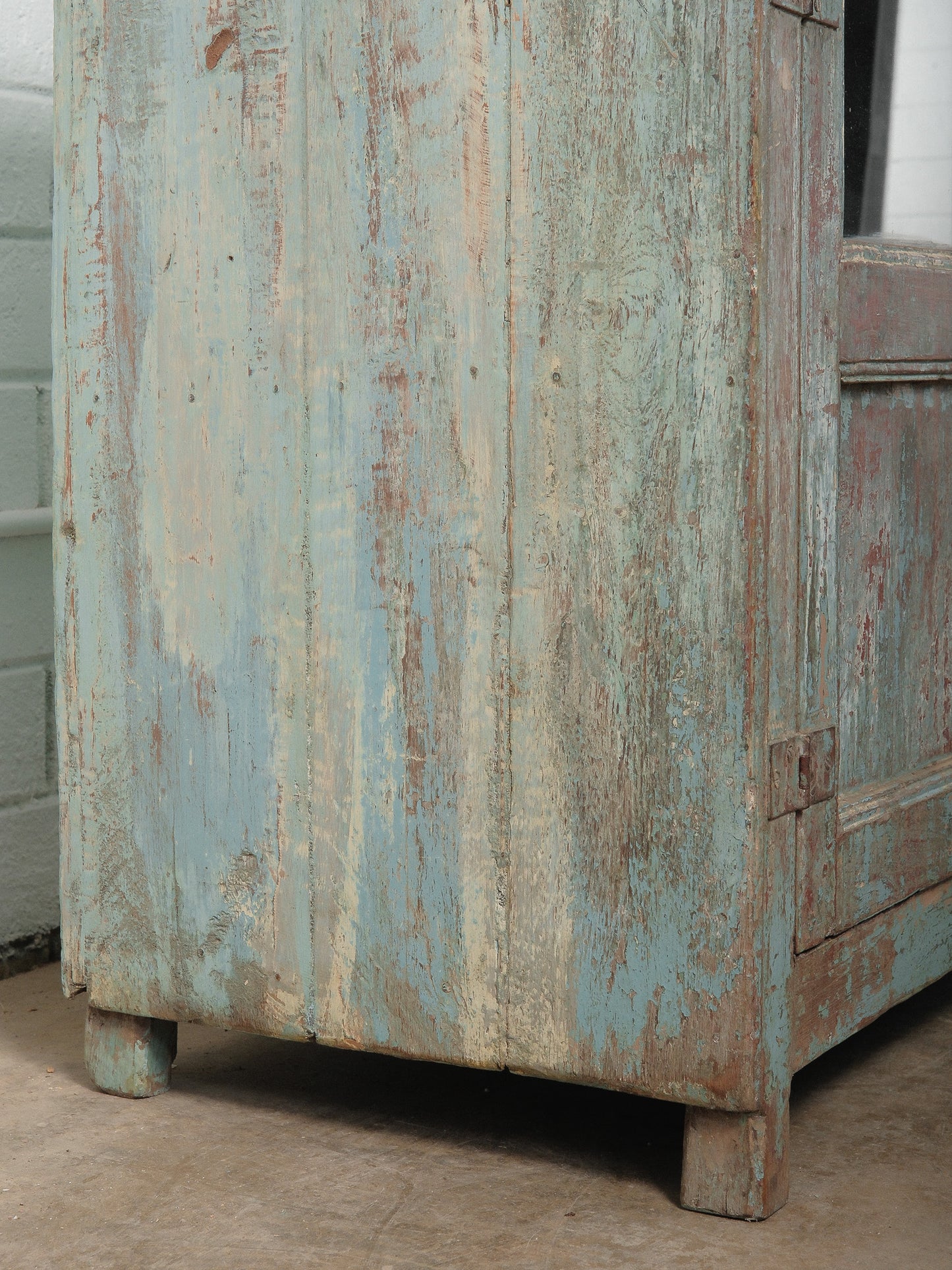 Rustic Glass-Front Distressed Teal and Red Painted Sideboard Storage Cabinet