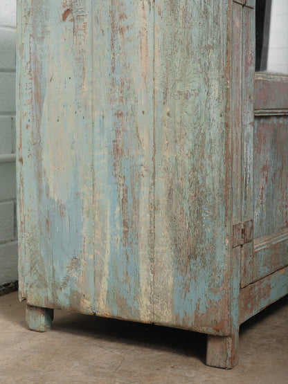 Rustic Glass-Front Distressed Teal and Red Painted Sideboard Storage Cabinet