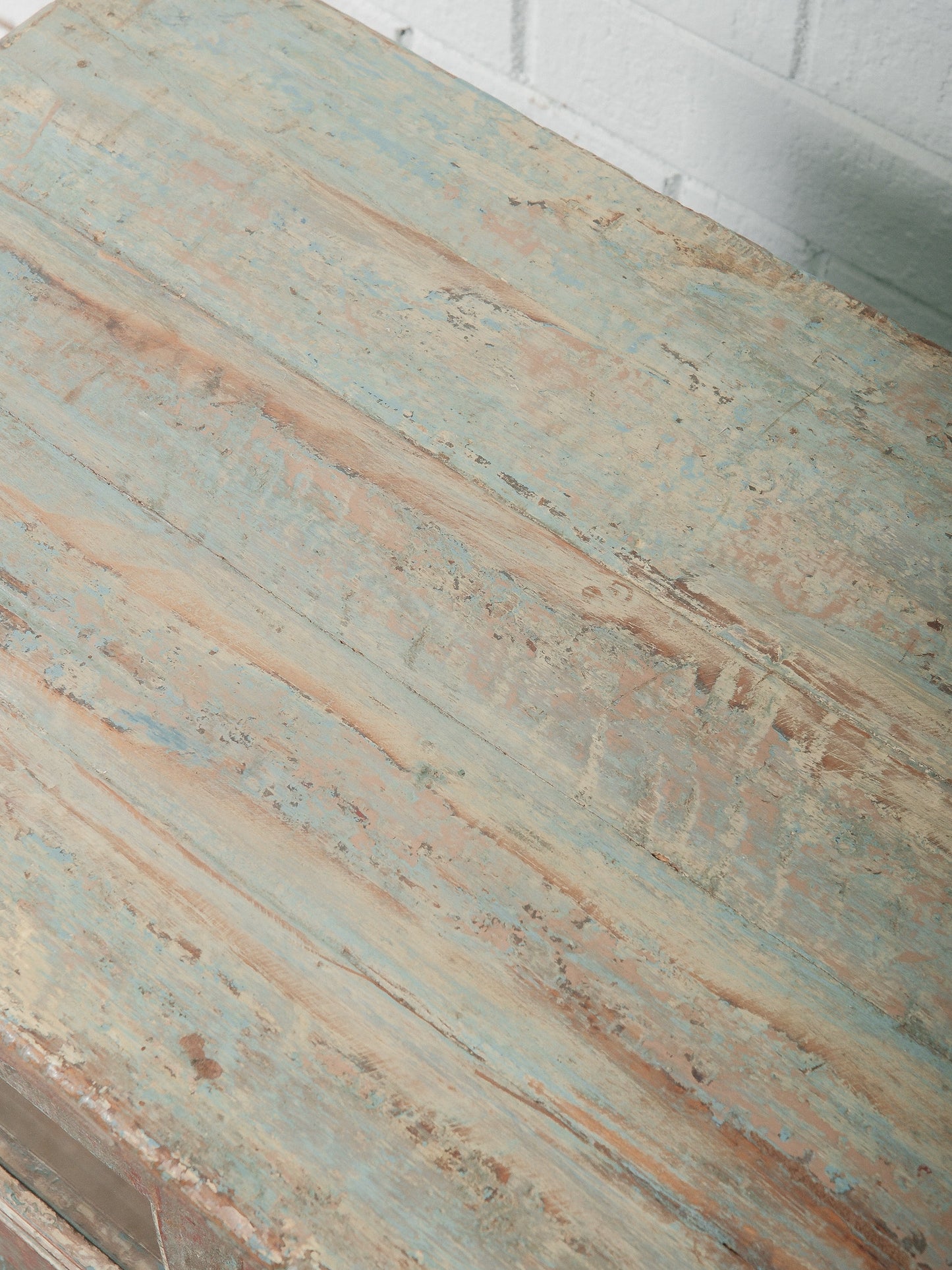 Rustic Glass-Front Distressed Teal and Red Painted Sideboard Storage Cabinet
