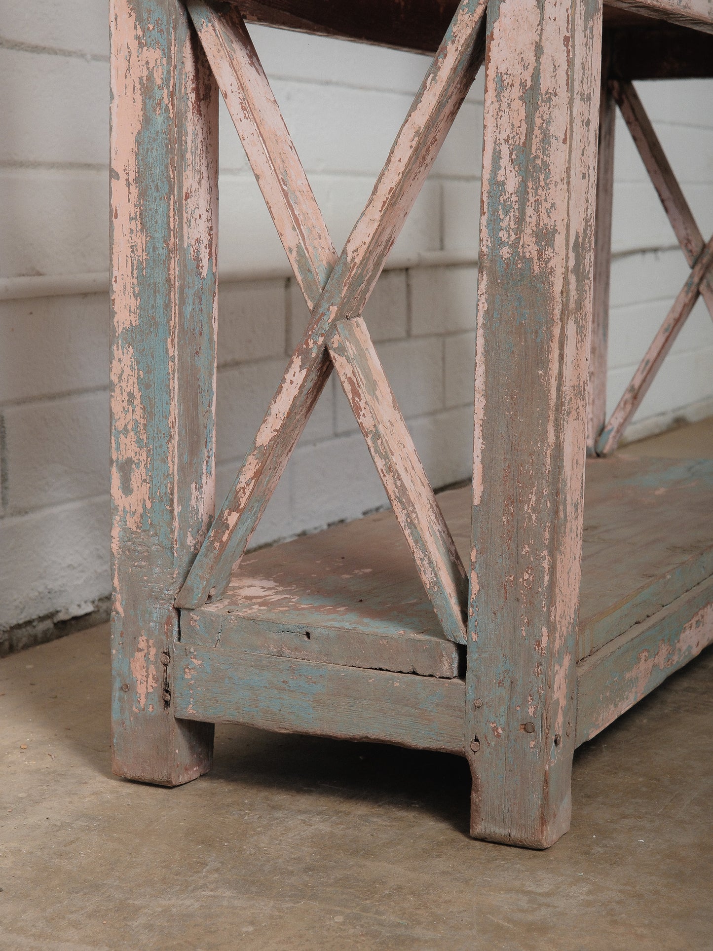 Distressed Pink and Teal Painted Wooden Shelf