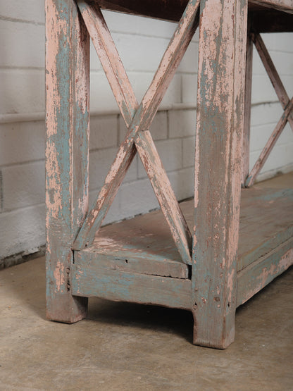 Distressed Pink and Teal Painted Wooden Shelf