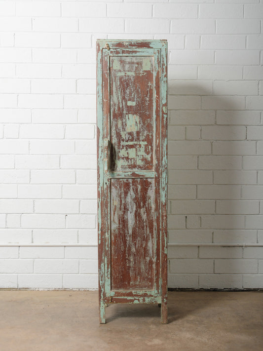 Narrow Wooden Locker with Chippy Seafoam Teal Paint
