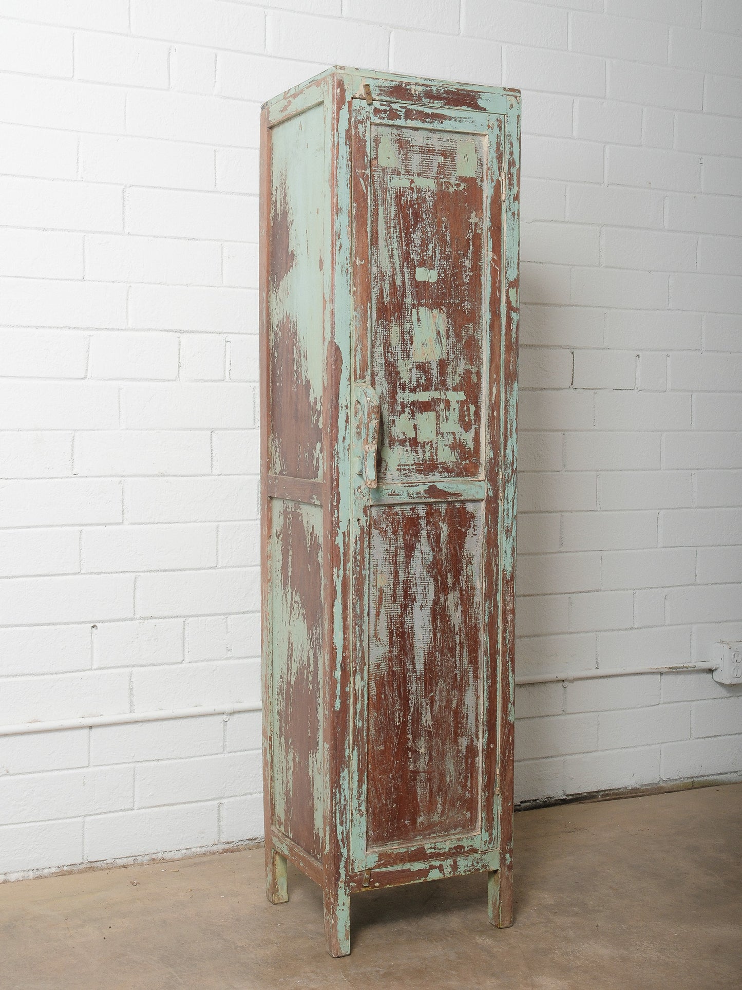 Narrow Wooden Locker with Chippy Seafoam Teal Paint