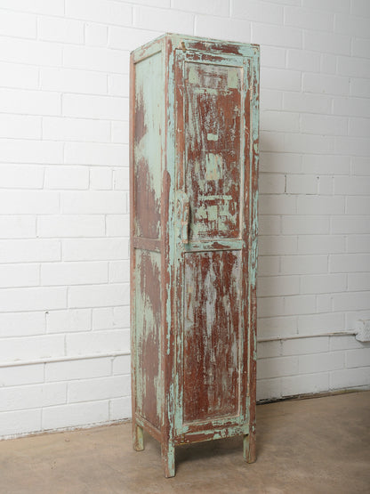 Narrow Wooden Locker with Chippy Seafoam Teal Paint