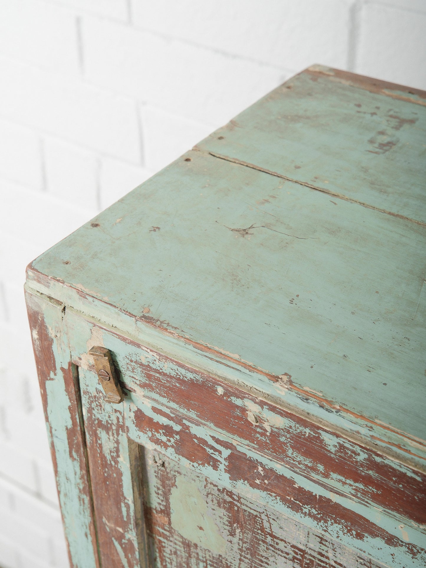 Narrow Wooden Locker with Chippy Seafoam Teal Paint