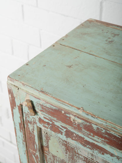 Narrow Wooden Locker with Chippy Seafoam Teal Paint