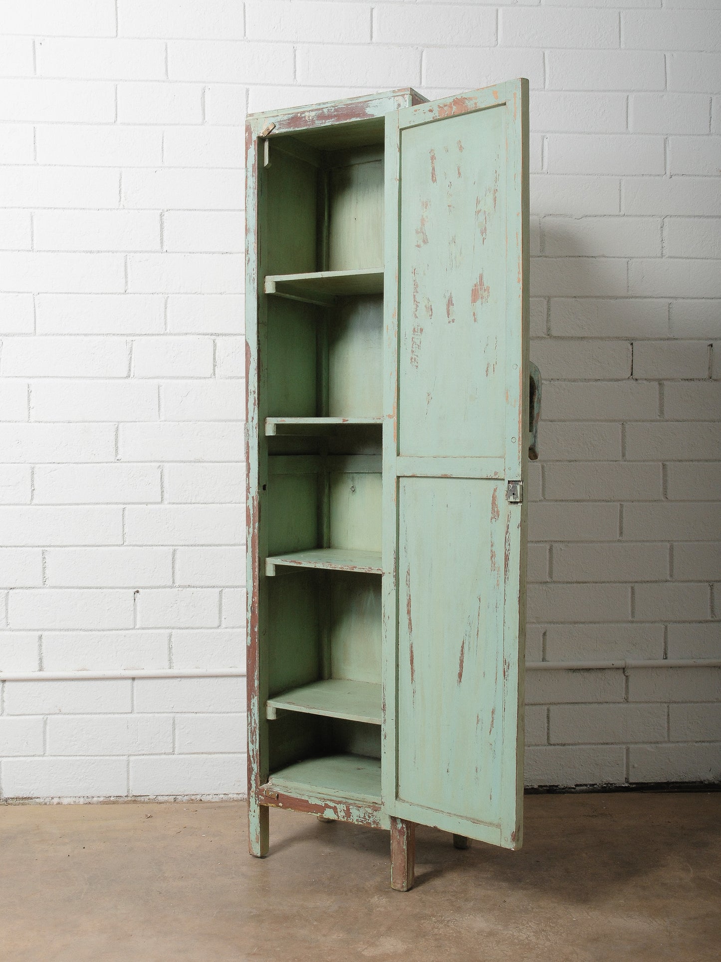 Narrow Wooden Locker with Chippy Seafoam Teal Paint