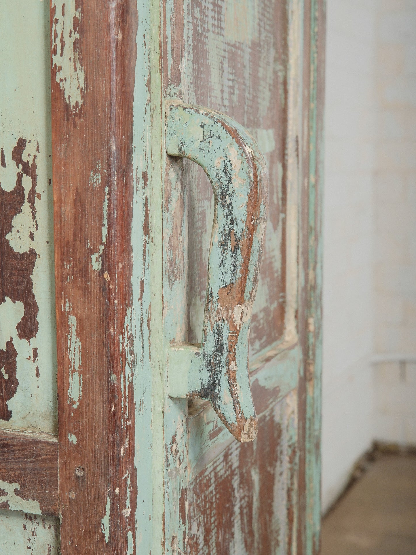 Narrow Wooden Locker with Chippy Seafoam Teal Paint
