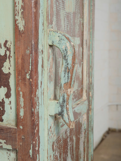 Narrow Wooden Locker with Chippy Seafoam Teal Paint