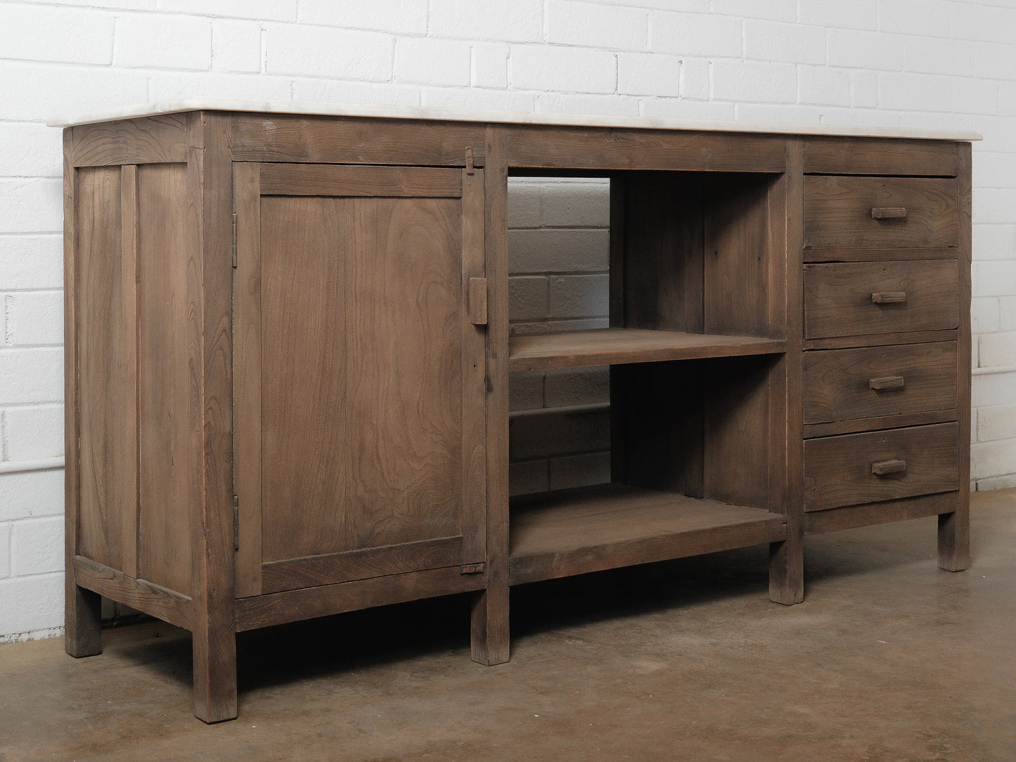 Rustic Wooden Sideboard Storage Console With Marble Top