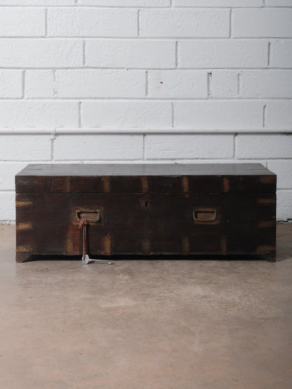 Rustic Dark Wood Storage Chest with Brass Plate Joinery and Key