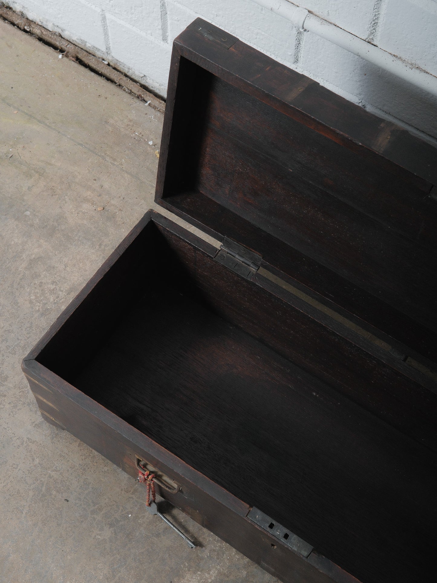 Rustic Dark Wood Storage Chest with Brass Plate Joinery and Key