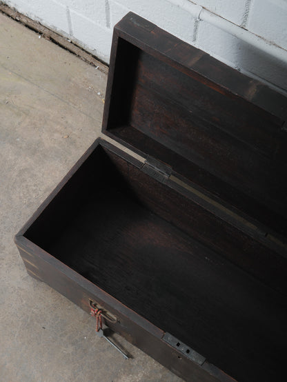 Rustic Dark Wood Storage Chest with Brass Plate Joinery and Key
